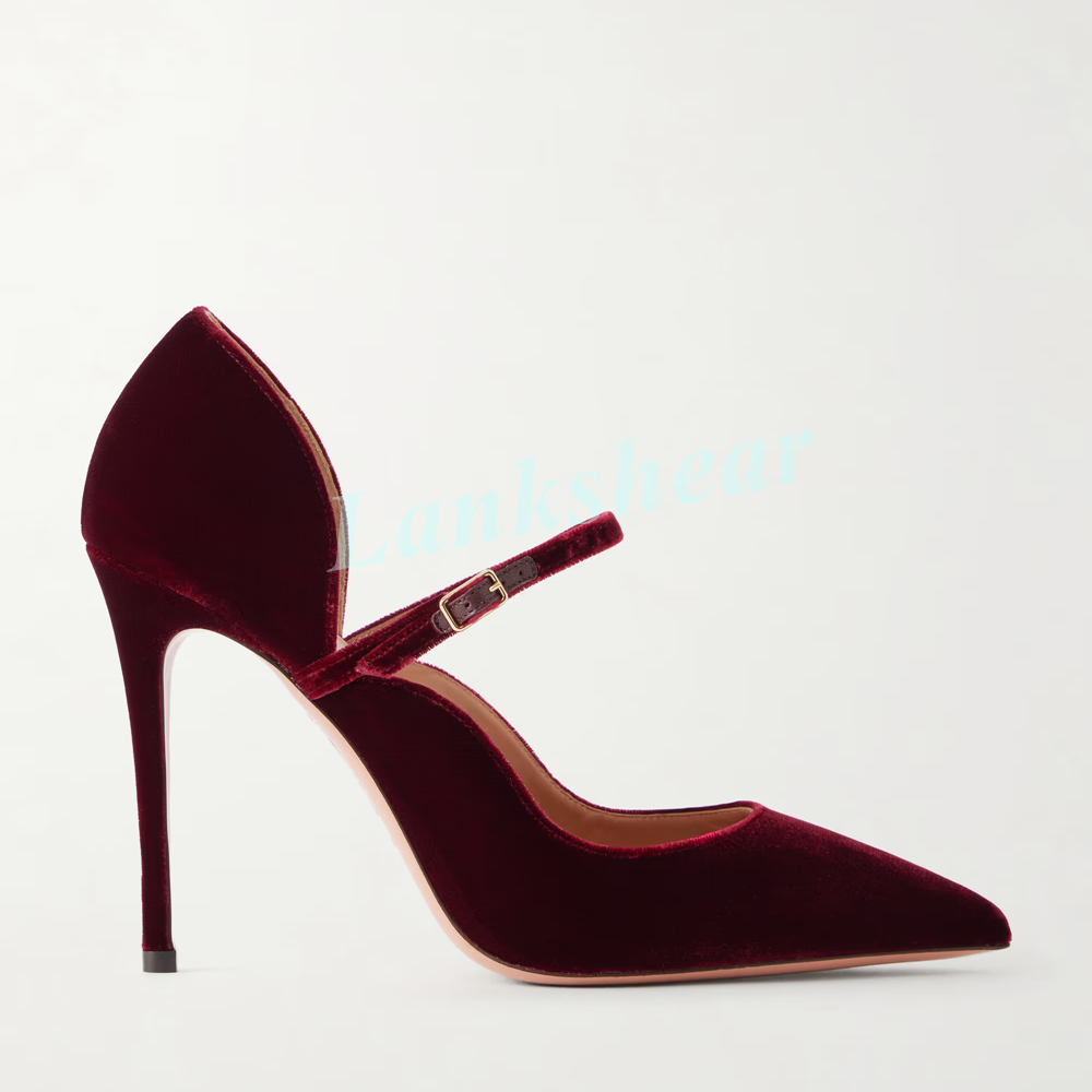 Women Burgundy Red Velvet Poin - огляд і ціна Mesh Strap Metal