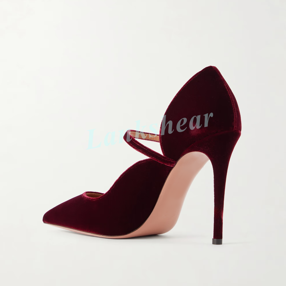 Women Burgundy Red Velvet Poin - огляд і ціна Mesh Strap Metal